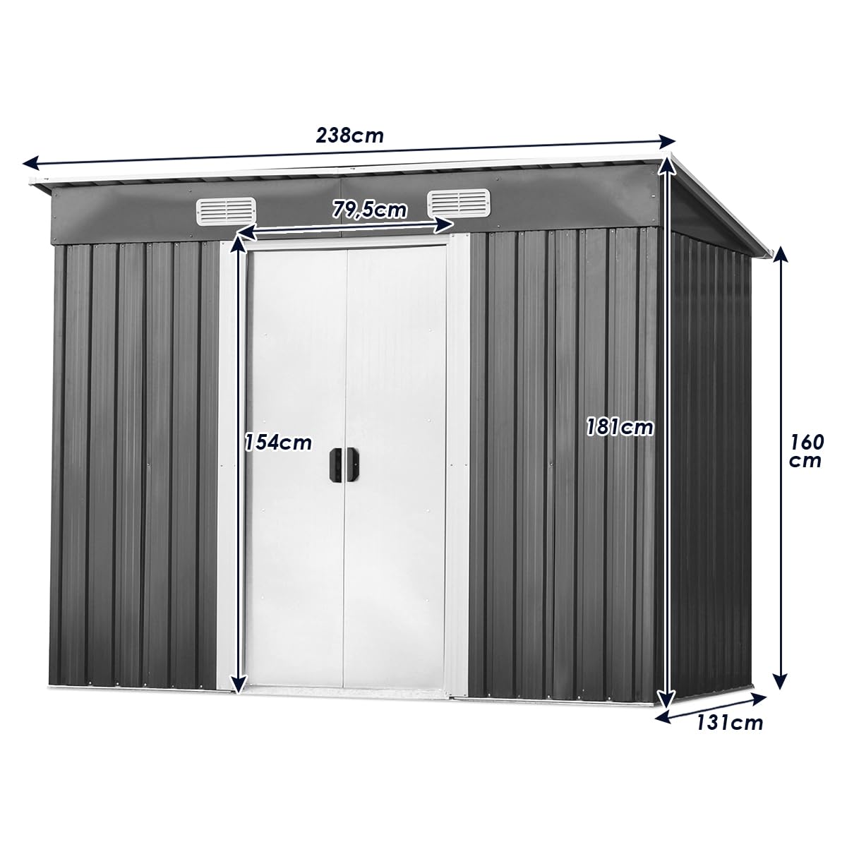 GOPLUS Domek na narzędzia metalowy, 238 x 131 x 181 cm, szopa na narzędzia z 2 drzwiami przesuwnymi i 4 oknami wentylacyjnymi i dachem jednospadowym, domek ogrodowy na podwórko