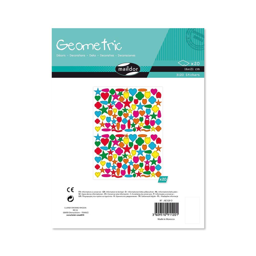 MaildorRef AE120O - Geometric Stickers (Pack of 20 Sheets) - Assorted Shapes - 21 x 16cm, Brightly-Coloured, Pack Contains Approximately 3120 Stickers