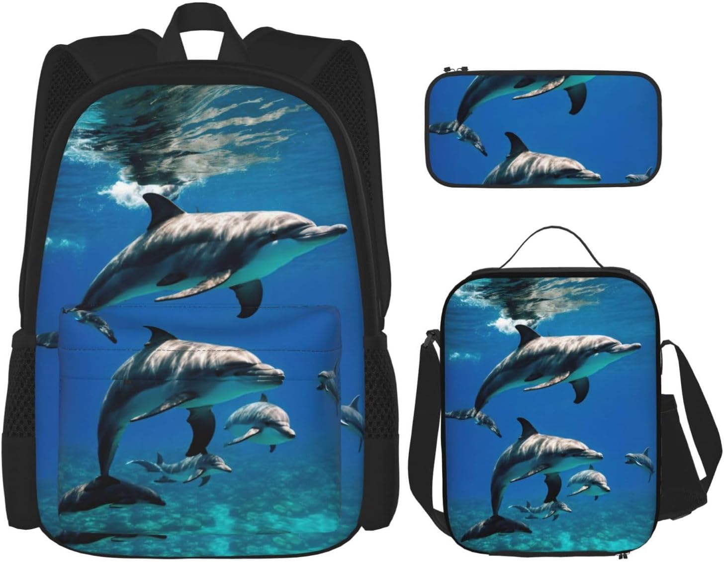 Funny Animal Dolphin Backpack With Lunch Box 3 In 1 Set With Pencil Case, Large Capacity Backpack With Chest Strap