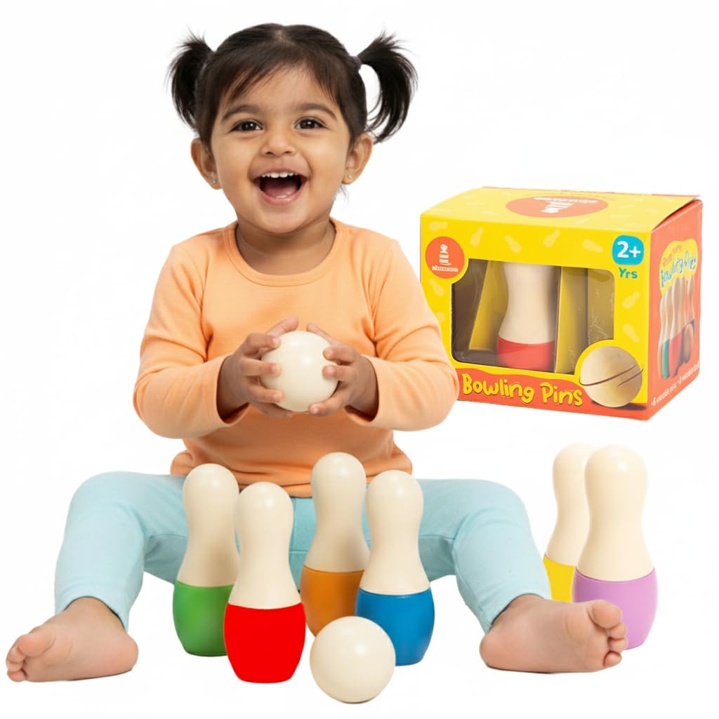 Shumee Mini Wooden Bowling Set for Kids 2+ Years | Multicolor | 100% Child Safe & Non Toxic Colors | 6 Pins & 1 Ball | Indoor & Outdoor Fun Games | Kids & Toddlers Wooden Activity Toy