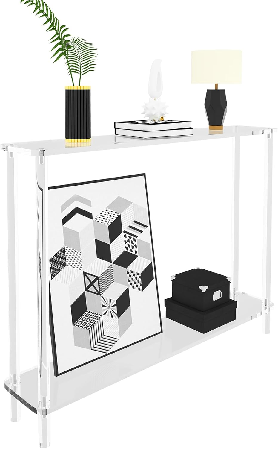 Clear Acrylic Narrow Console Tables for Entryway, 39.4" L x 7.9" W x 31.5" H, Modern Entry Table 2-Tier, Cylindrical Legs, Skinny Hallway Table for Foyer, Sofa, Living Room