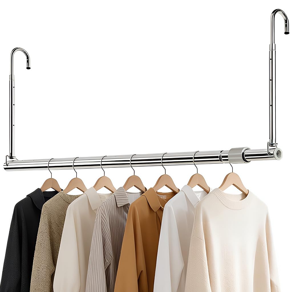 HASTHIP® Hanging Closet Rod - Adjustable Stainless Steel Width and Height Closet Hangs Organizer Hang Closets Organizer with Swivel Hooks Closets Hanging Rod No-Drill Laundry Hang Bar for Clothes-image-33