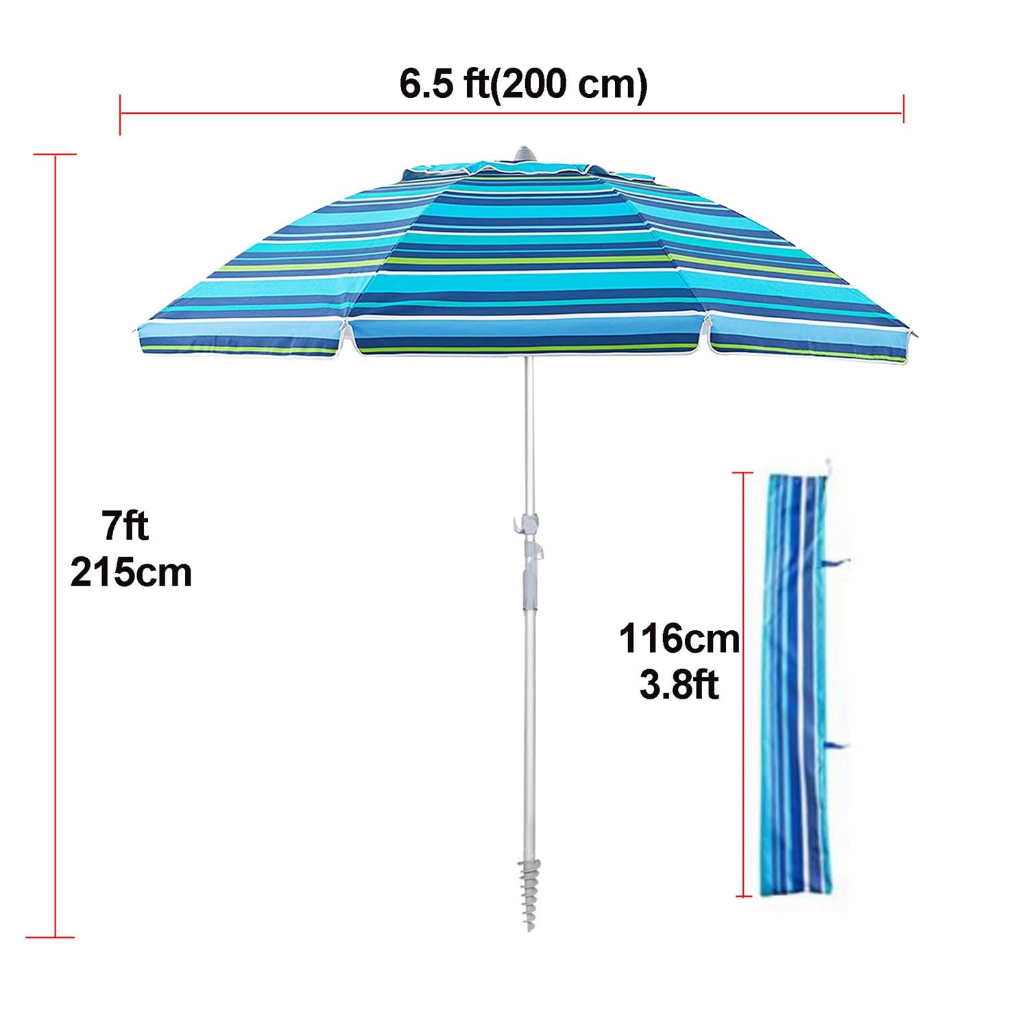 Ombrellone da spiaggia portatile a righe con ancoraggio per la sabbia, per esterni, patio, antivento, antipioggia, UPF50+, palo in alluminio resistente, ombrellone da giardino