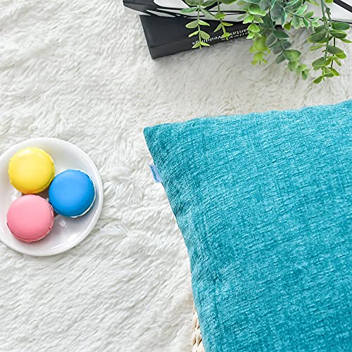 Image of CaliTime Pack of 2 Cozy Throw Pillow Covers Cases for Couch Sofa Home Decoration Solid Dyed Soft Chenille 12 X 12 Inches Lake Blue