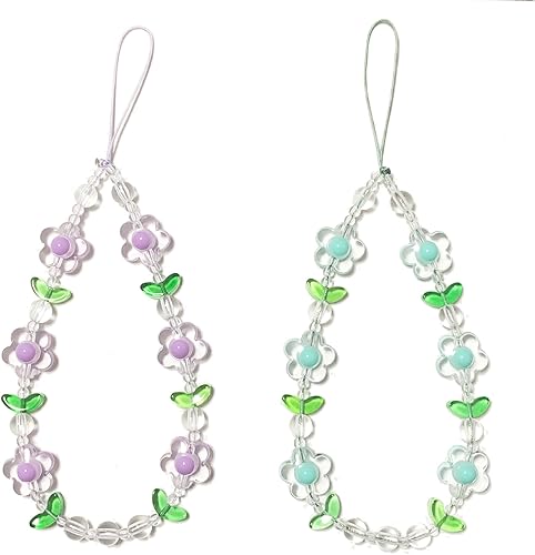 Abalorio para teléfono con diseño de flores, correa de muñeca con cuentas para bolso de cámara, llavero