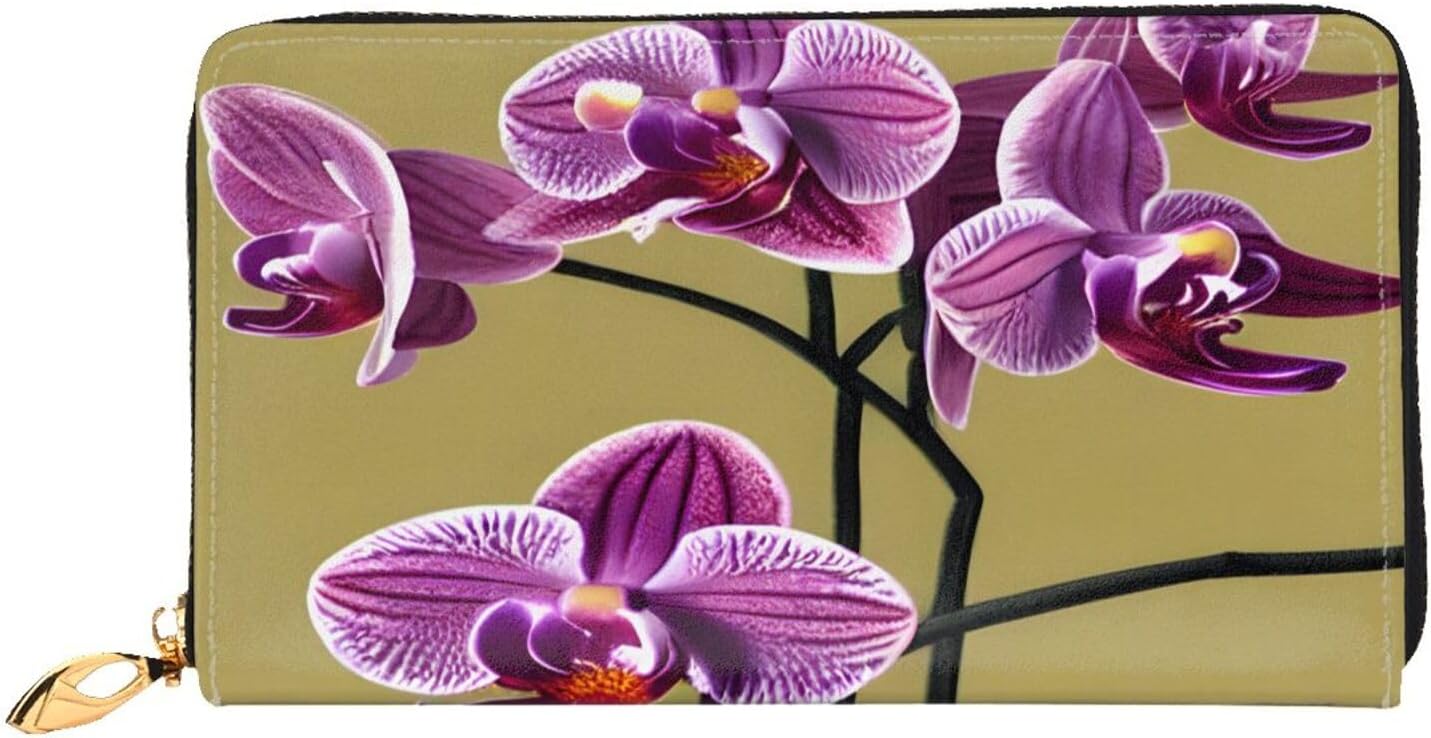 Beautiful Orchids Long Zip Around Wallet for Women, Large Capacity RFID Leather Wristlet Wallet with 12 Card Slots Coin Purse, Fashion Clutch Purse with Wrist Strap
