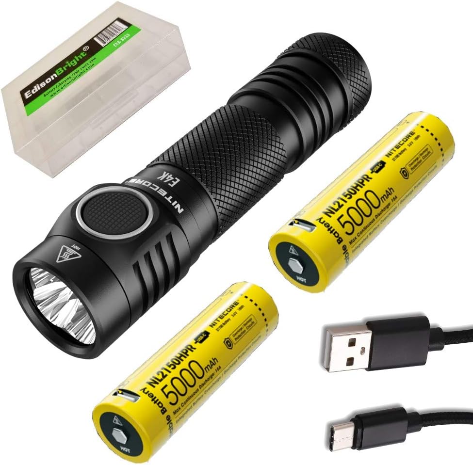 Nitecore E4K 4400 Lumen high powered Flashlight with 5000 mAh 2 X rechargeable Batteries and EdisonBright battery carrying Case bundle