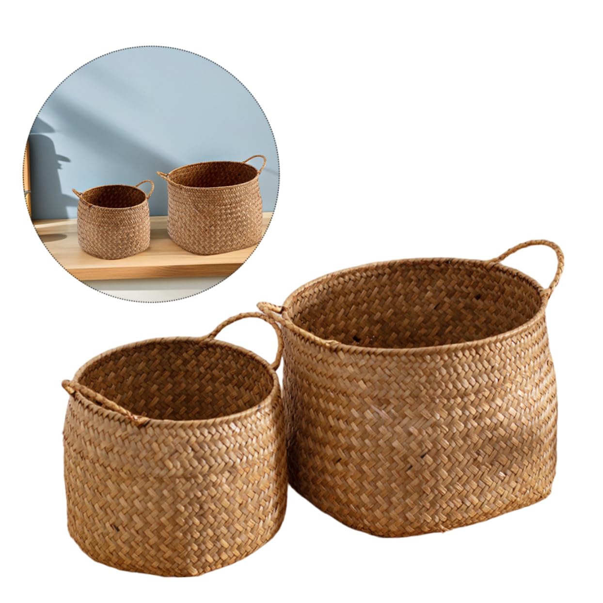 2piezas Cestas Tejidas Organizador Japonés De Almacenamiento Con Doble Asa Soporte Natural Para Guardar Objetos Sala De Estar o Dormitorio