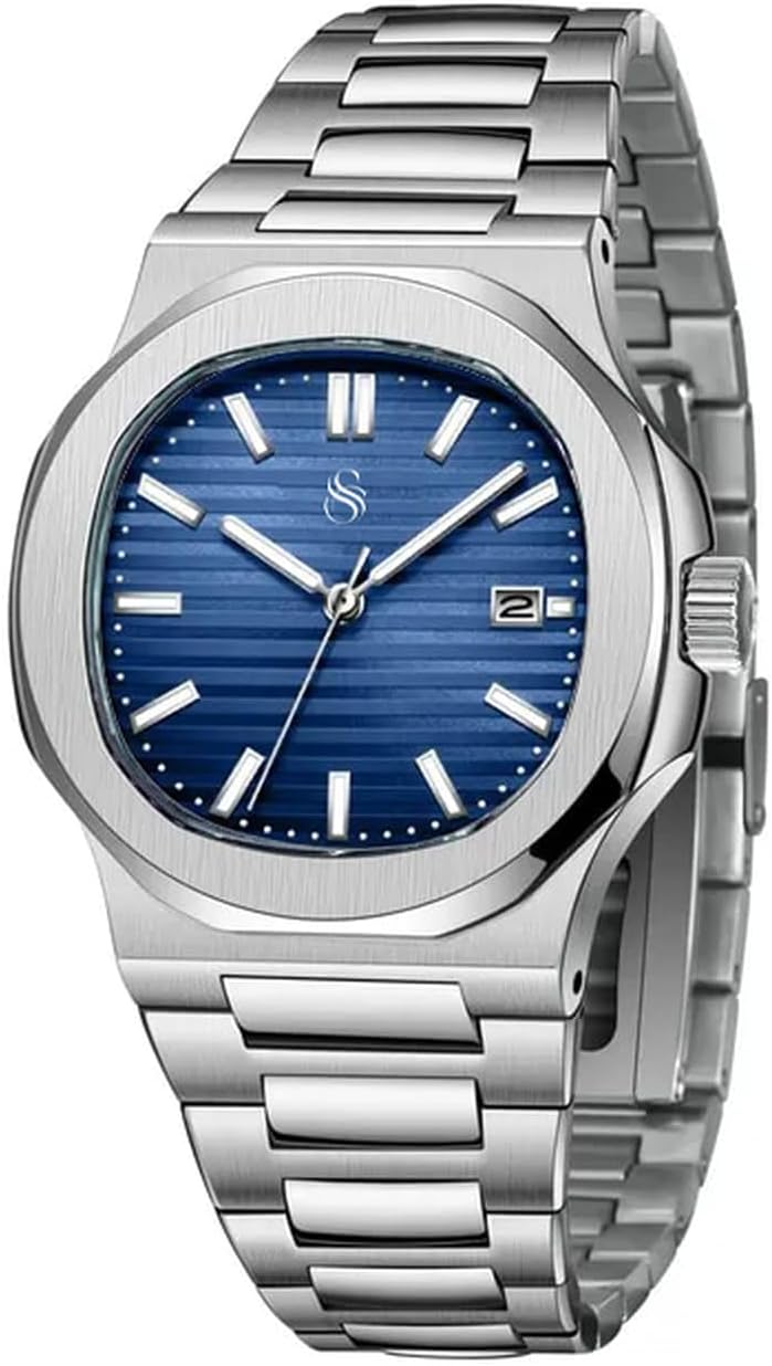 Silver Stainless Steel Analog Square Dial Date Display Wrist Watch for Men -PGNI85