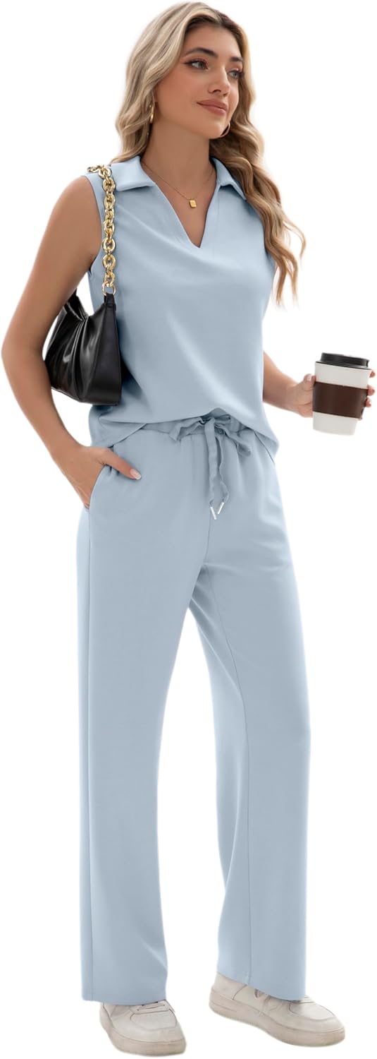 Sixstar Women 2 Piece Outfits Long Pants Sets Casual Sleeveless Summer V-Neck Dressy Tracksuit - Image 4
