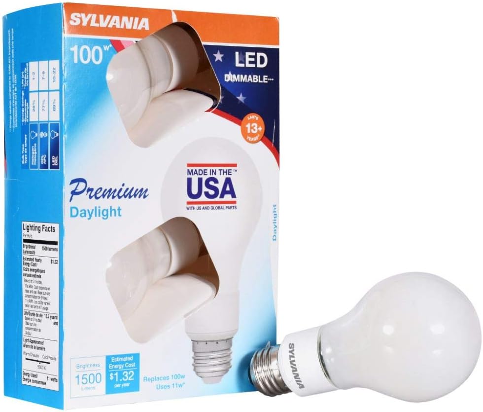 Daylight 40243 Sylvania 100 Watt Equivalent, A21 LED Light Bulbs, Dimmable, Color 5000K, Made in The USA with US and Global Parts, 4 Pack