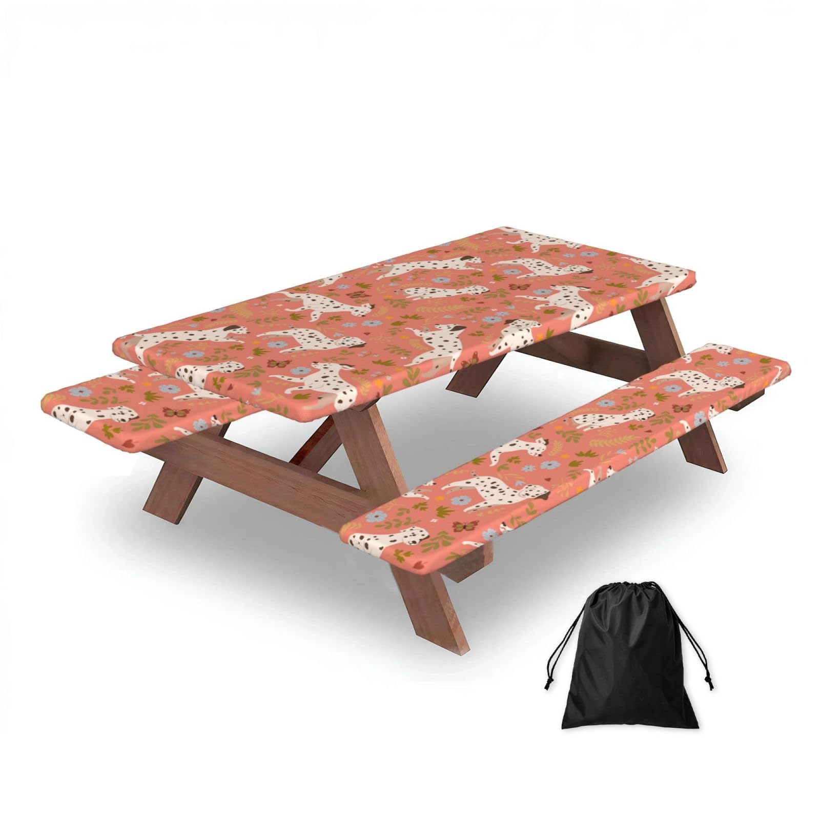 Dopklna As Picture Dalmatians Playing, Picnic Table Cover With Bench Covers -Waterproof Elastic Fitted Tablecloth For Garden Camping Patio 76X152cm