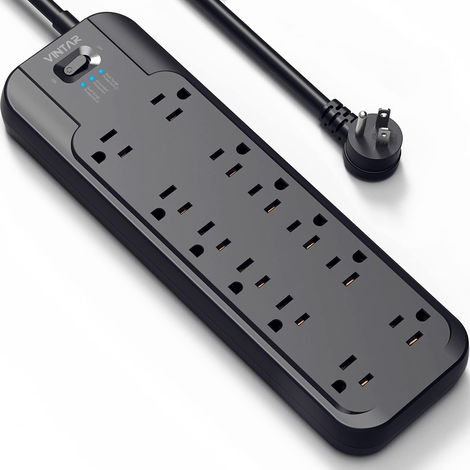 VINTAR Power Strip Surge Protector with 12 AC Outlets, 1875W Output, 10FT Long Extension Cord Flat Plug with Dual Surge Protection (2 × 4800 Joules)