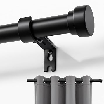 Joydeco Curtain Rods for Windows, Adjustable Black Curtain Rods 16 to 120 inches, 1 inch Diameter Heavy Duty Decorative Window Single Rod Set with Aluminium Finials