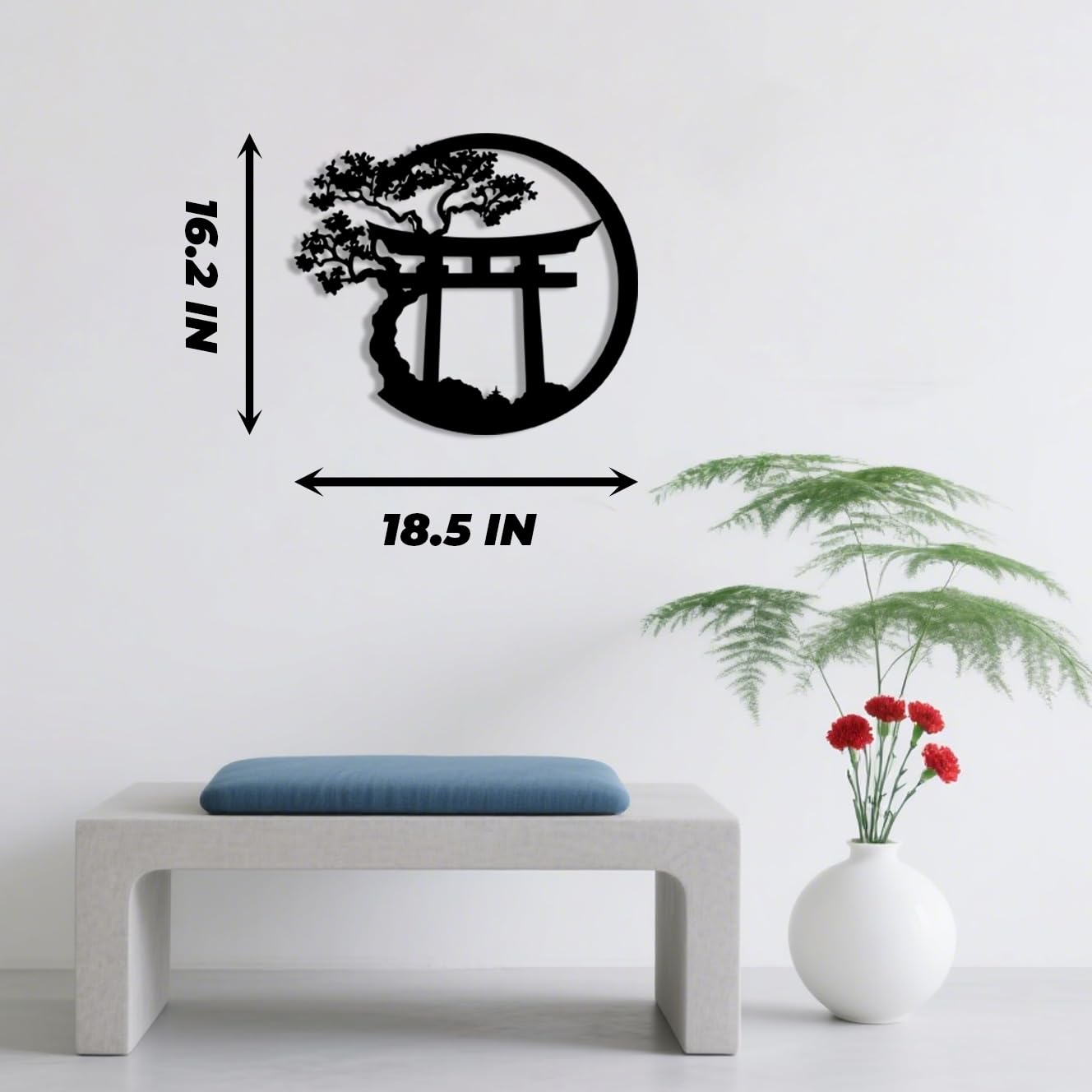 Décoration Murale Métal Bonsaï & Porte Torii – Style Japonais – 35x29 Cm – Noir – Pour Salon, Chambre, Bureau