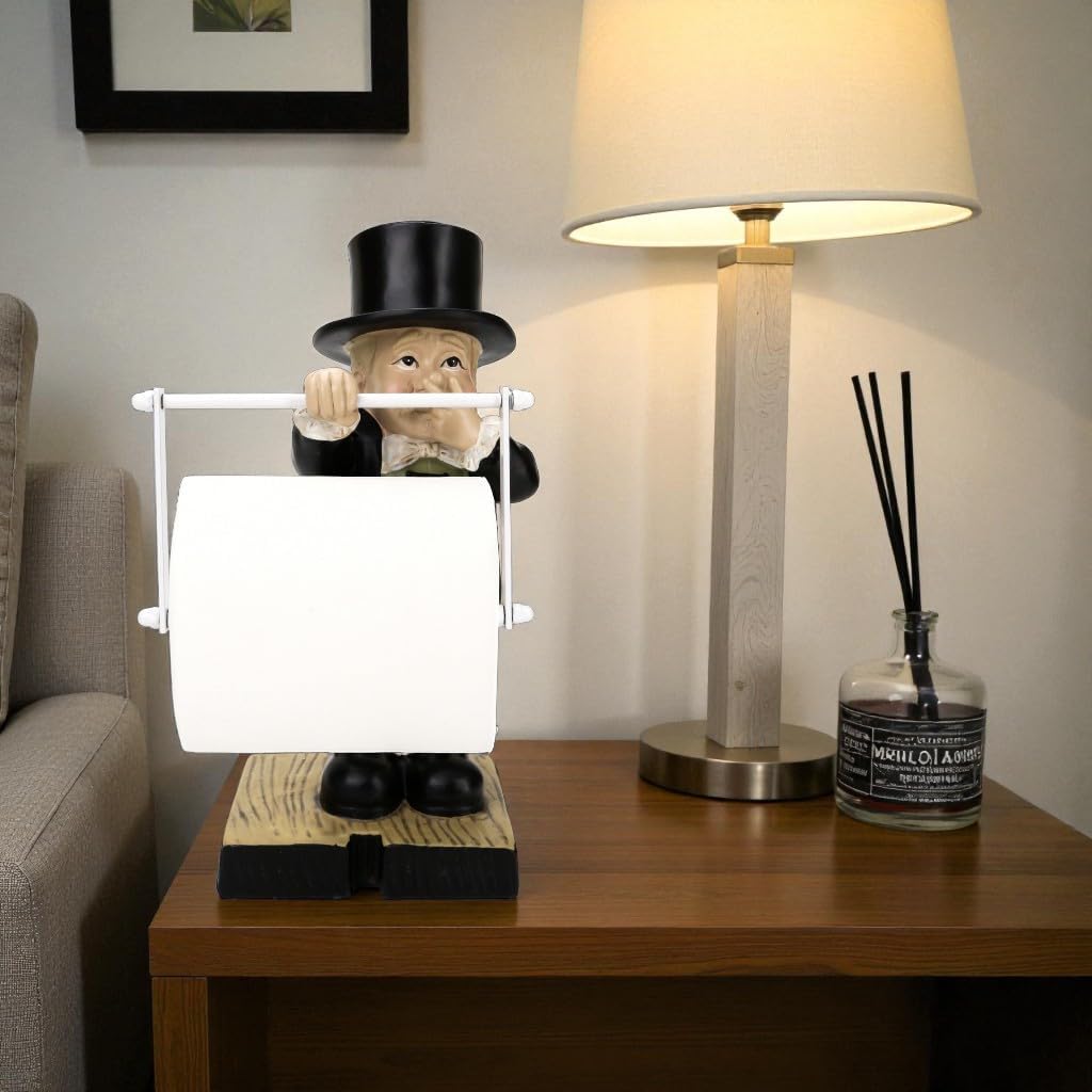 Pottery Toilet Butler Statue – Funny Toilet Paper Holder Stand, Resin Boy Holding Nose Roll Hanger, Gentleman Tissue Paper Towel Dispenser for Shelf, Table, Desk Home Decor, Modern Bathroom Sculptures