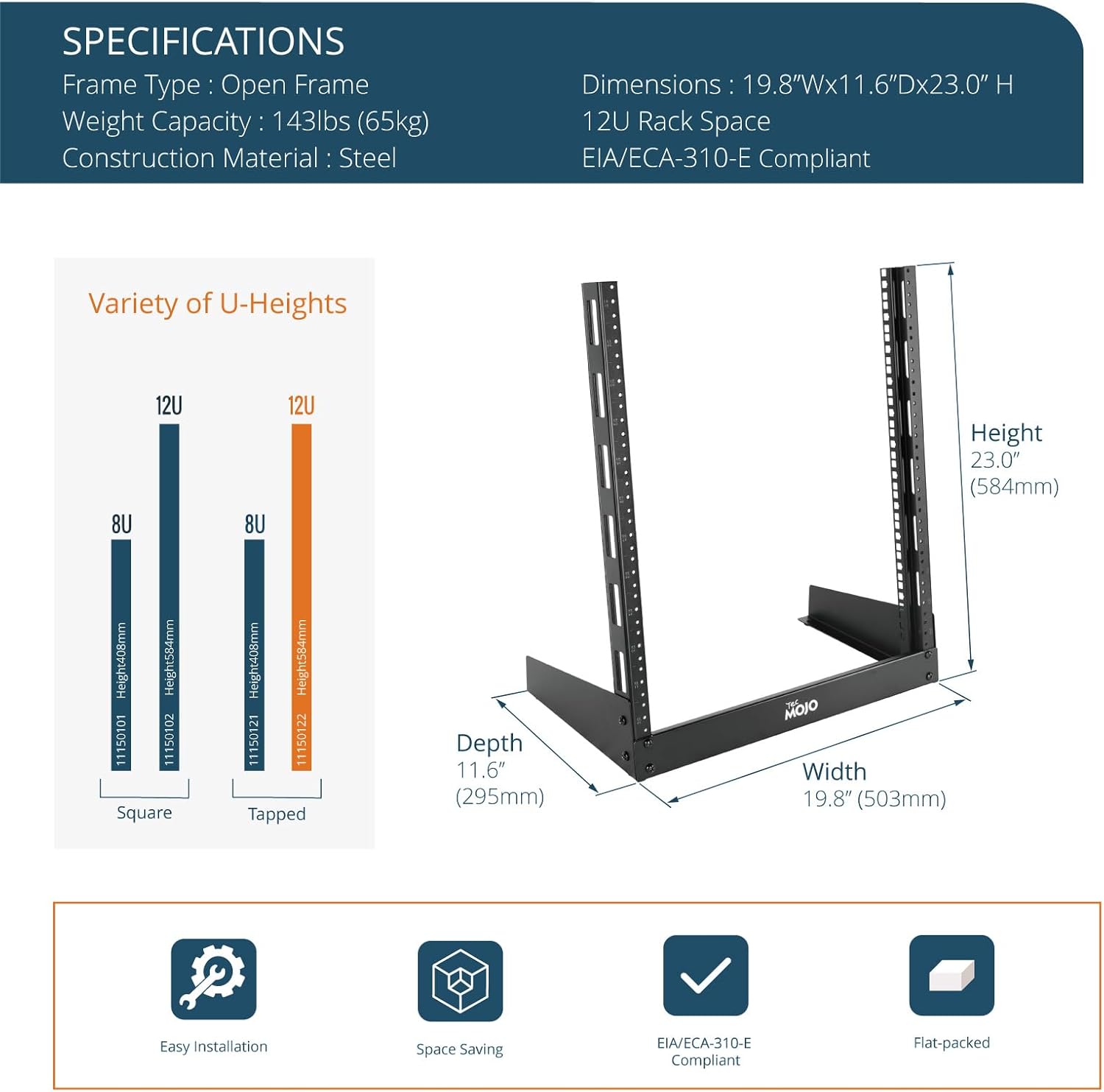 Tecmojo 2 Post 12U Desktop Server Rack Small Open Frame Rack for 19in AV/Data/Audio/Studio Equipment Free Standing Home/Office Rack,Tapped Hole - Image 2