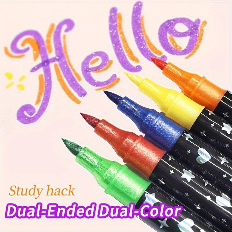 Image of Amitasha 12 Color Shades Art Marker Glitter Brush Pen Set Soft Dual Tip Water-based Shimmer Colors Sketch Pen for Kids Adults DIY Greeting Birthday Cards Scrapbook (6 Pen = 12 Colours)