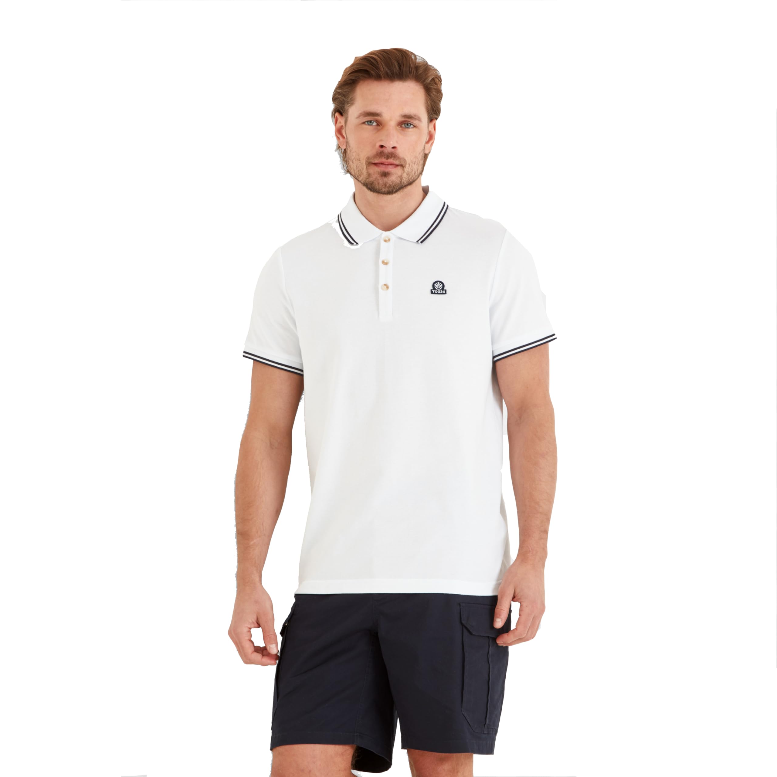 Tog24 Men's Optic White Biston Polo Shirt, Short Sleeves Cotton Pique Polo, Branded Buttons