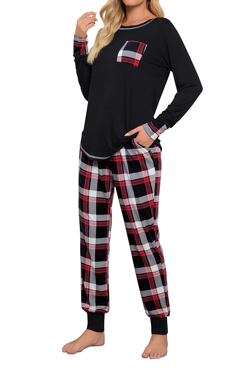 Fuakesor Damen Schlafanzug Lang Baumwolle Pyjama Set Nachtwäsche | Zweiteiler Hausanzug mit Karierte Hose und Bündchen; bequeme Loungewear für Frauen und Seniorinnen, ideal für Zuhause
