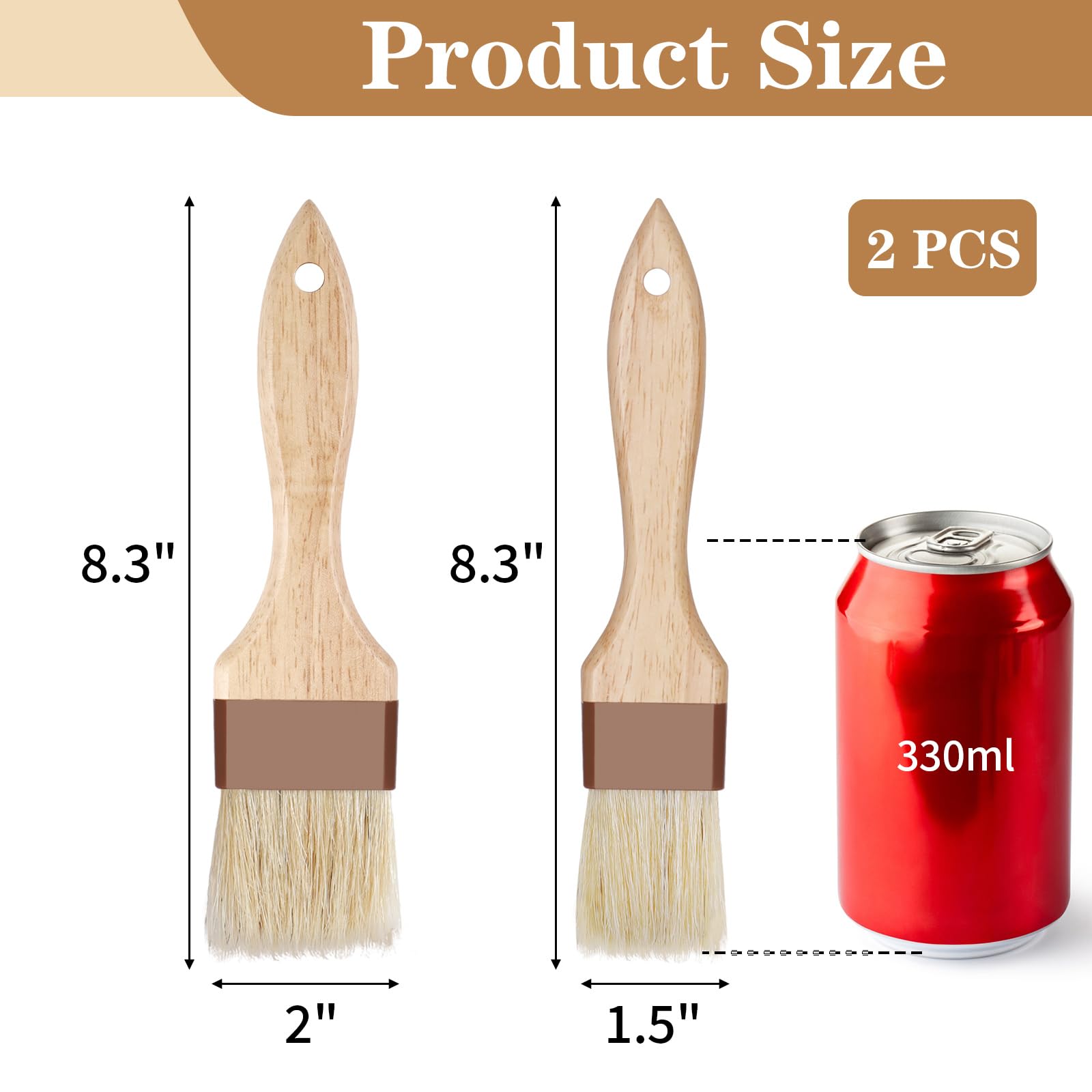 Backpinsel mit Naturborsten, Buchenholzgriff, Grill- und Grillpinsel zum Kochen, Butter, Öl, Marinade, Grillen und Backen, Küchenpinsel (3,8 cm und 5,1 cm), 2 Stück