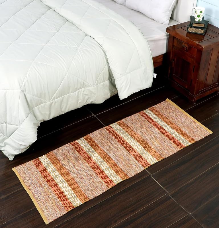 Nefity Hand Woven 100% Natural Cotton Export Quality Designer Striped Rug, Bed Side Runner Rug Carpet for Bedroom, Passage,Living Room, Size- 2X5 Feet Orange Diamond New