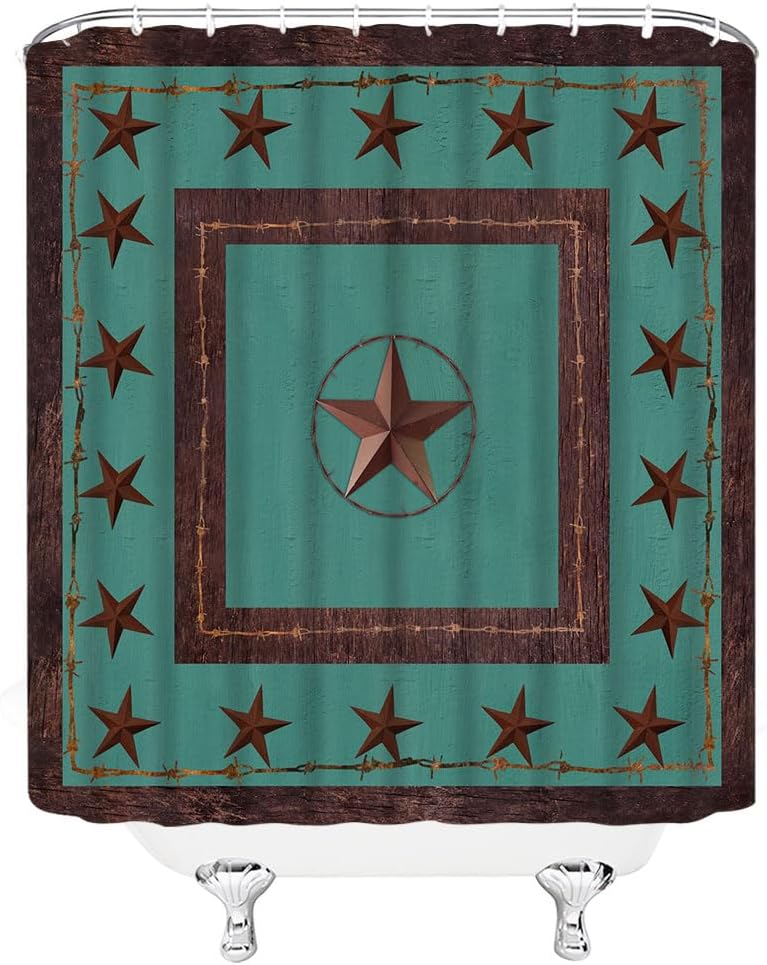 Texas Shower Curtain Western Texas Star Rustic Wooden Barn Door Teal Brown Country Farmhouse Bathroom Decor Curtains Polyester with Hooks