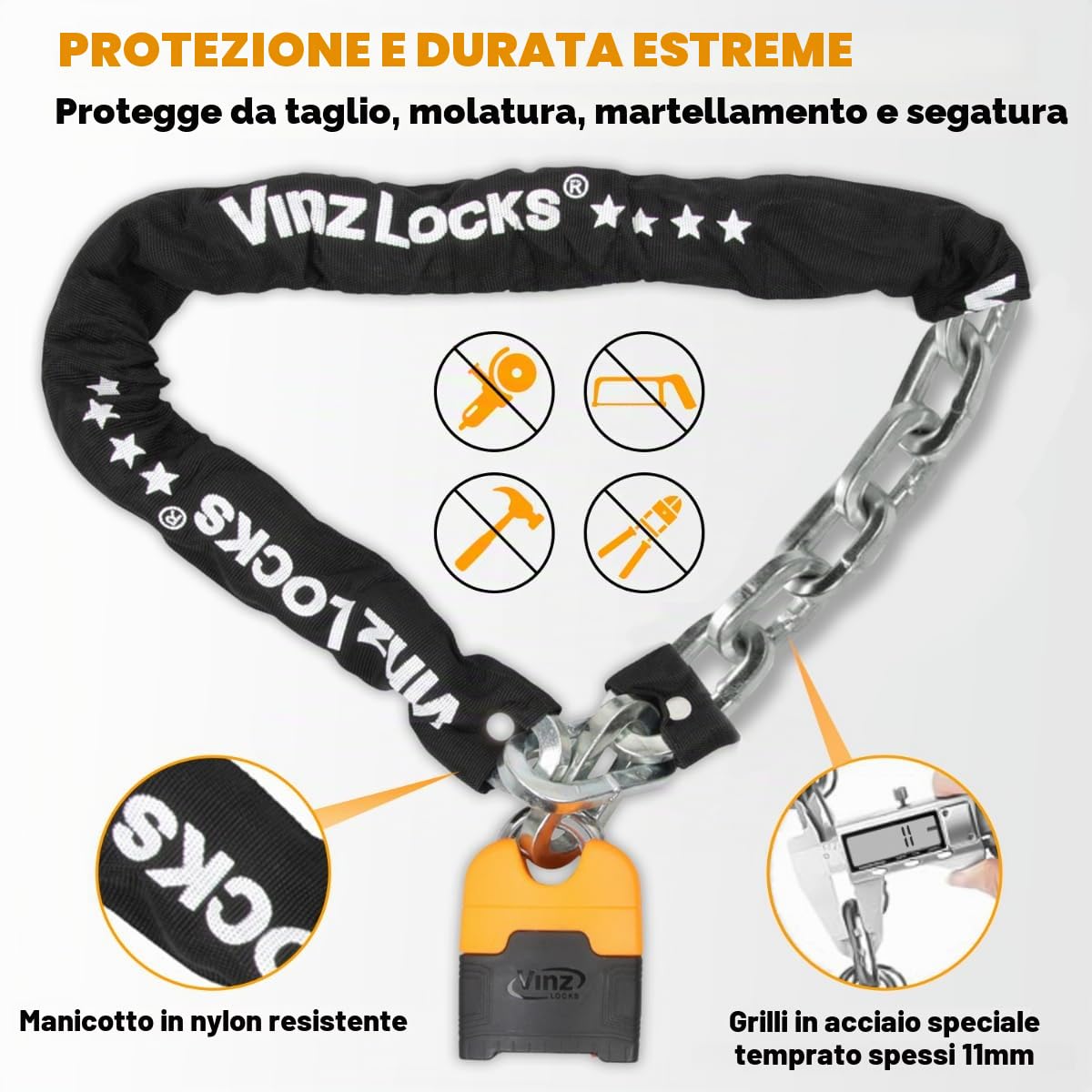 VINZ Makalu Lucchetto a Catena Moto Antifurto | ø11mm Acciaio Temperato | Con Tre Chiavi | Antifurto Versatile per Moto o Scooter | Disponibile in diverse misure - 120 cm