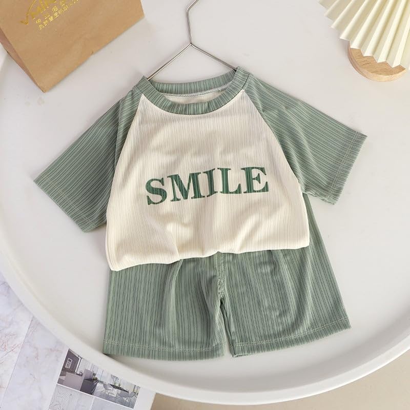 Image of Bold N Elegant Unisex Kid Cotton Solid Playful Happy Face Print Half Sleeve T-Shirt & Denim Shorts Summer Clothing Set