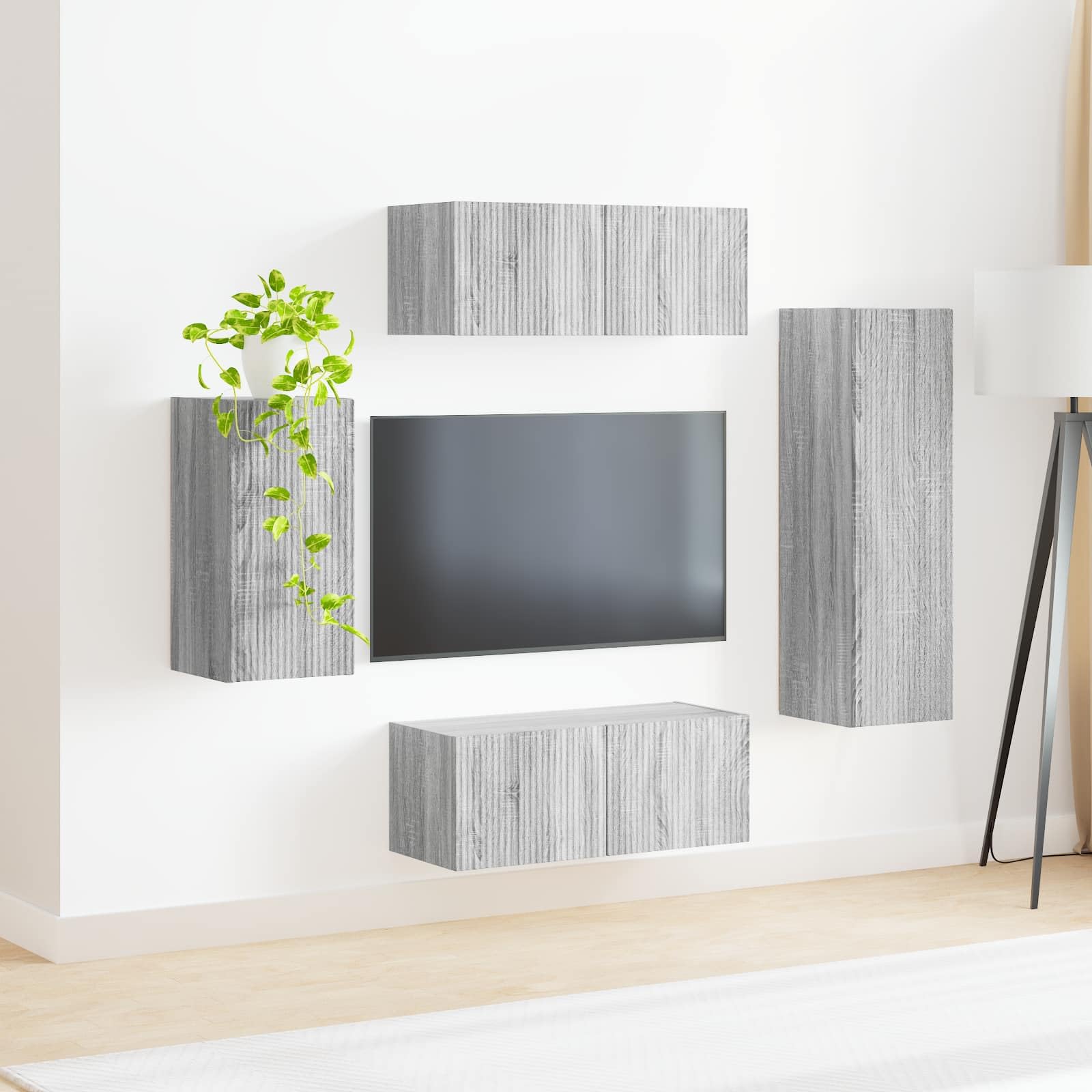 TV-Schrankset Wandmontiert 4-teilig, Graues Sonoma Holzwerkstoff, Modernes Media-Center für Wohnzimmer, Vielseitiger Stauraum, Einfache Montage
