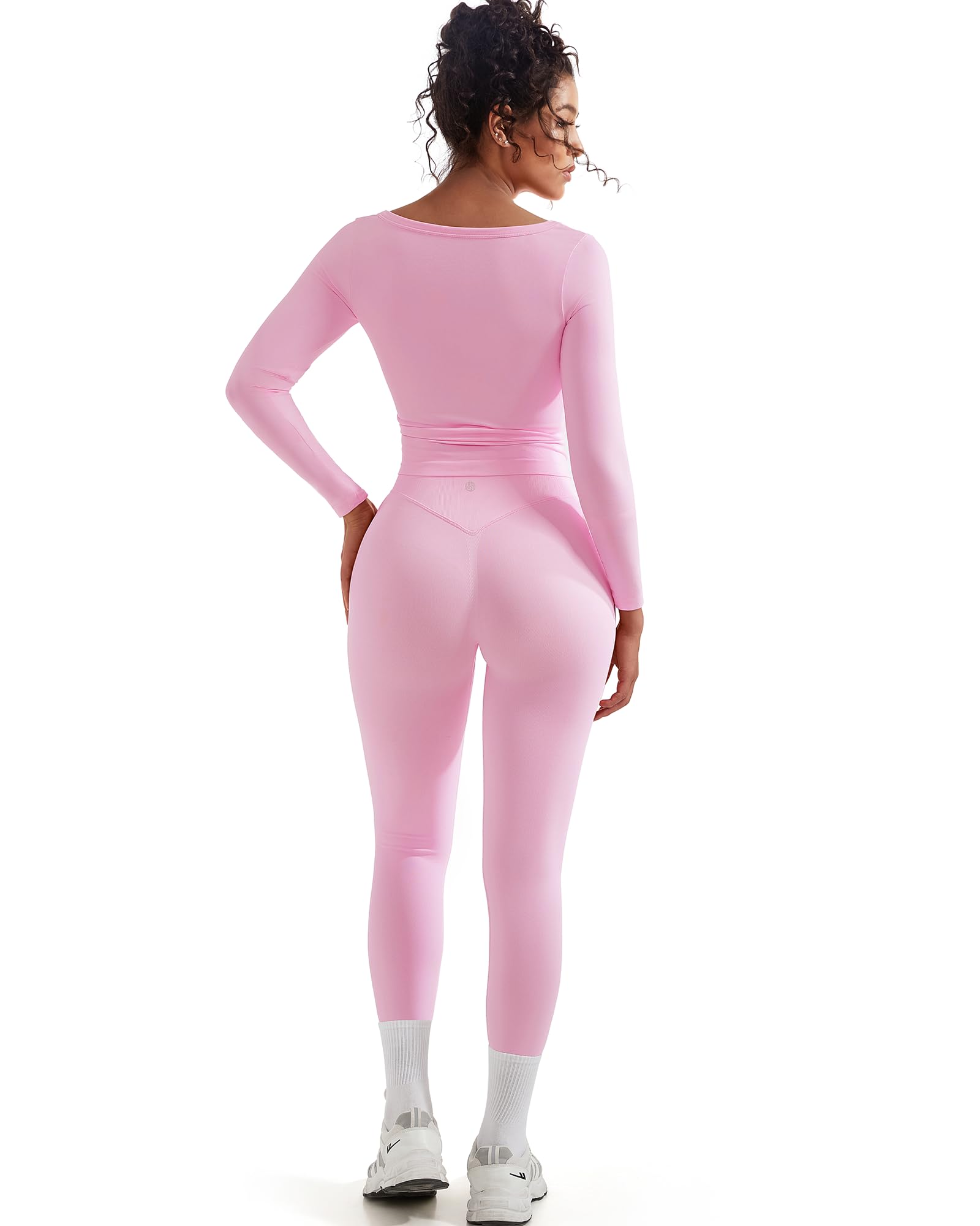 SUUKSESS Women 2 Piece Workout Sets High Waisted Seamless Leggings Active Long Sleeve Tops