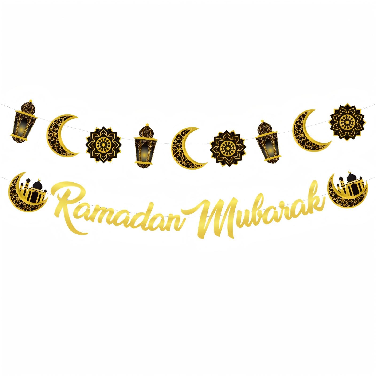 Ramadan Mubarak Banner Decorations for Home,Eid Mubarak Decorations Bunting for Muslim Islamic Home Theme Party Suppiles,Preassemble Ramadan Hanging Set with Classic Festival Elements