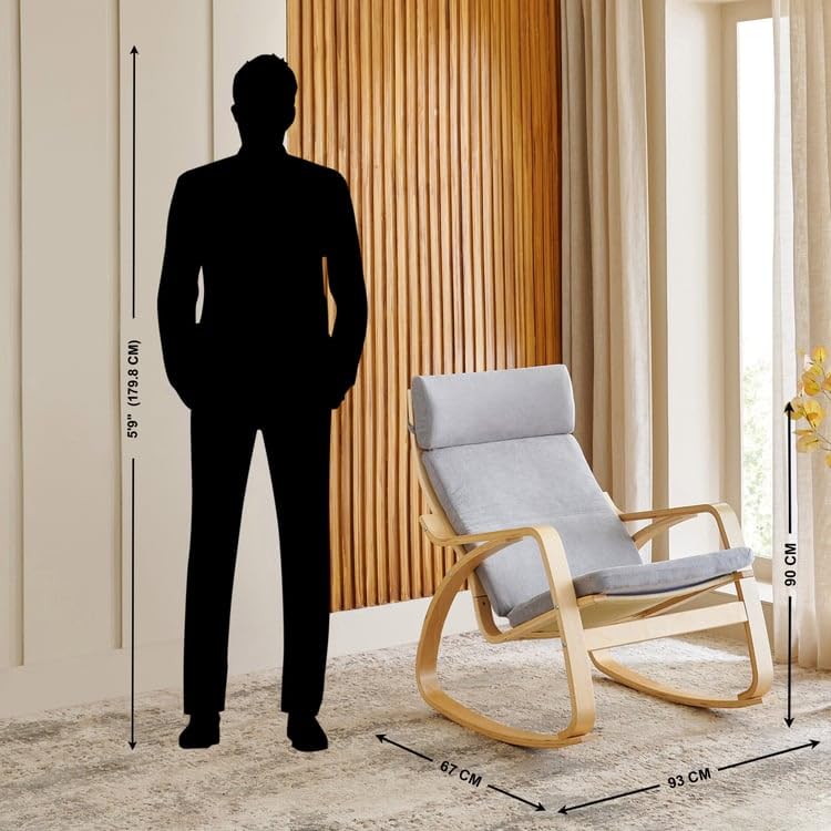 Image of Home Centre | Paulo Fabric Rocking Chair | Solid Wood | Grey | 1 Year Warranty