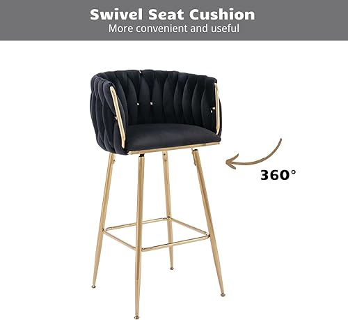 Miniatura 22 de HEAH-YO Juego de 2 taburetes de bar giratorios, taburetes de bar ajustables de altura de mostrador con respaldos tejidos y base dorada estable,