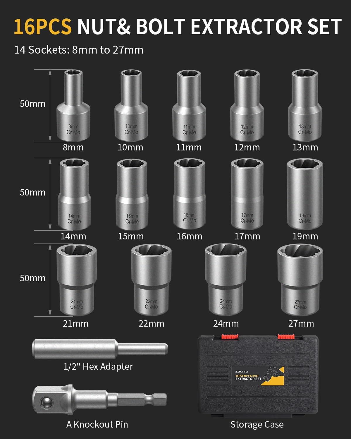 16-Piece Bolt Extractor Kit, 1/2" Drive Impact Lug Nut Removal Set | 14 metric sizes (8mm to 27mm), Cr-Mo steel with grey phosphate coating, 1/2" drive, Reverse spiral flutes