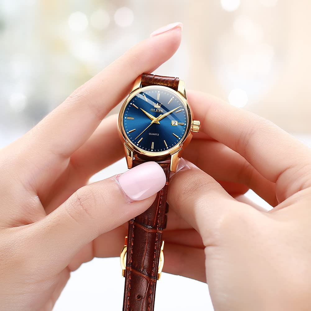 OLEVS Women Leather Watch - Analog Ladies Quartz Watches Luxury Dress Watch for Small Wrists Waterproof with Date Day Function - Reloj para Mujer