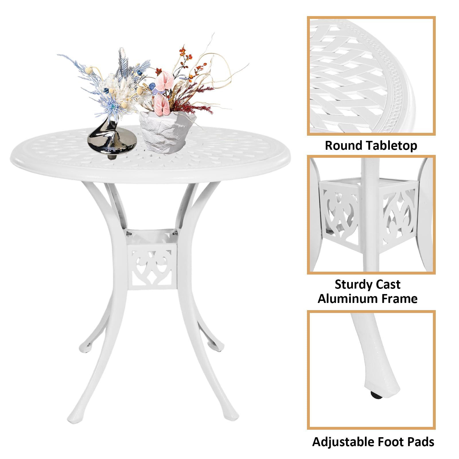 Amazon.com : PATIO-IN 30 inches Patio Table with Umbrella Hole, Aluminum Round Bistro Table, Small Patio Furniture for Porch Backyard Outdoor (White) : Patio, Lawn & Garden