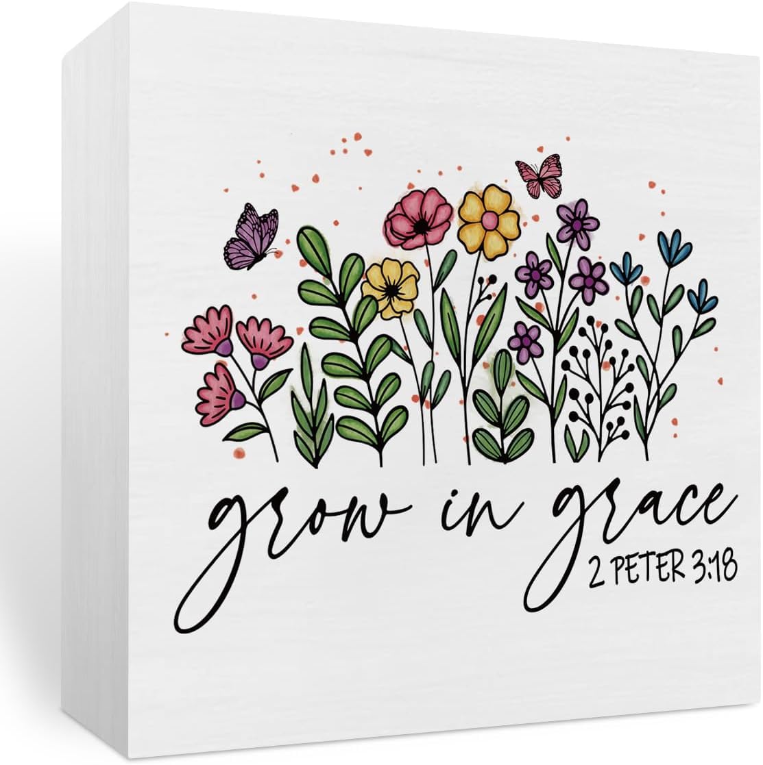 Grow in Grace Wooden Box Sign 5x5 Inch Floral Bible Verse Decor