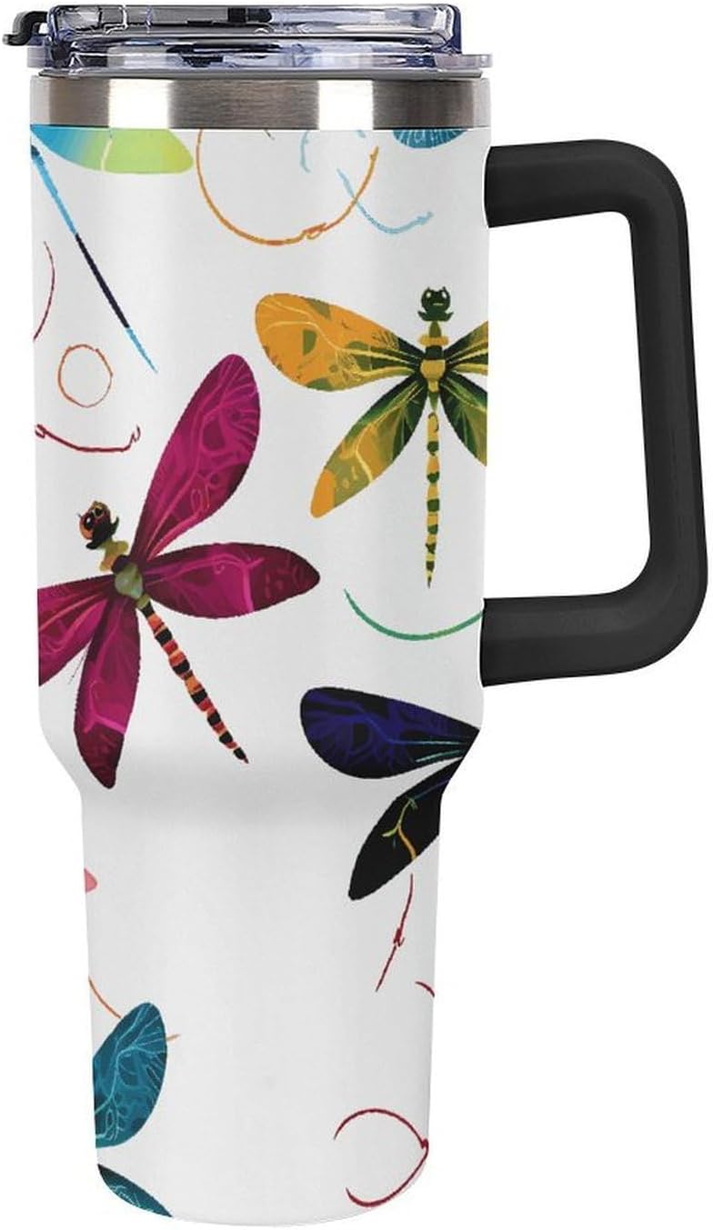 40 Oz Tumbler with Straw And Lid Colorful Dragonfly Insulated Travel Coffee Mug Stainless Steel Water Bottle Vacuum Insulated Tumblers for Sport Work Car Travel Weekends