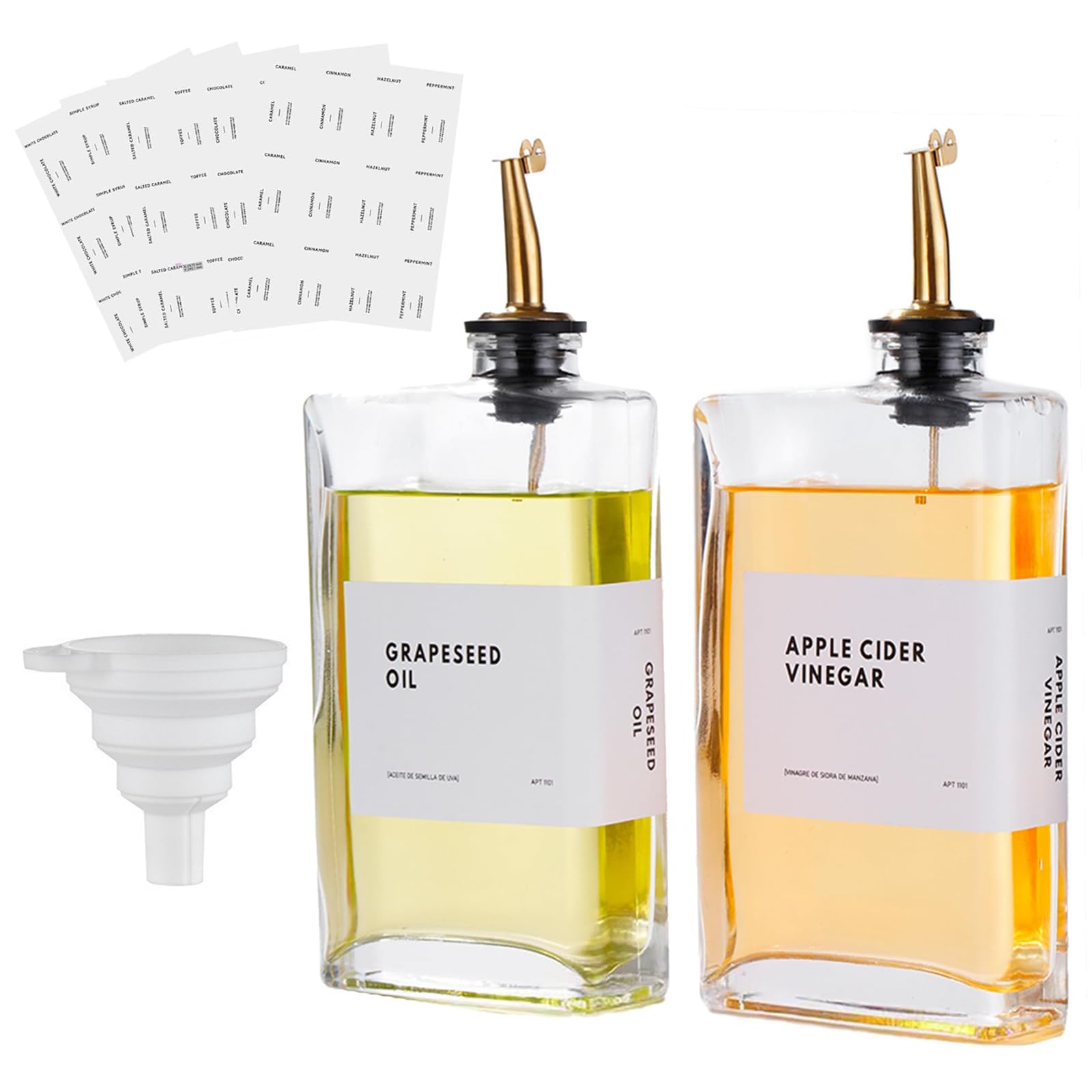 Eidoct 350ml Olive Oil Dispenser Bottle Set for Kitchen, Coffee Syrup Dispenser, 2 PCS Dispenser with Weighted Drip-Free Pourer, Waterproof Labels & Silicone Funnel - Elegant Gold