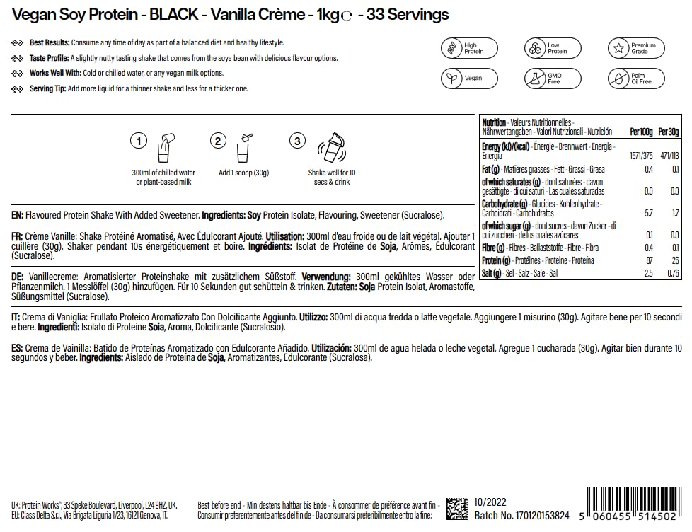 Miniatura 6 de Protein Works | Vegan Soy Protein - Black, Crema de Vainilla, 1 kg | Aislado de Proteína de Soja Premium, Bajo en Grasa, 27 g de Proteína, Nutrición 100% de Origen Vegetal, 33 Porciones