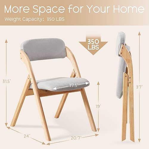 Miniatura 2 de Paquete de 2 sillas plegables con cojín, sillas plegables acolchadas de lino, sillas de comedor plegables de madera cruda, para comedores, cocina,