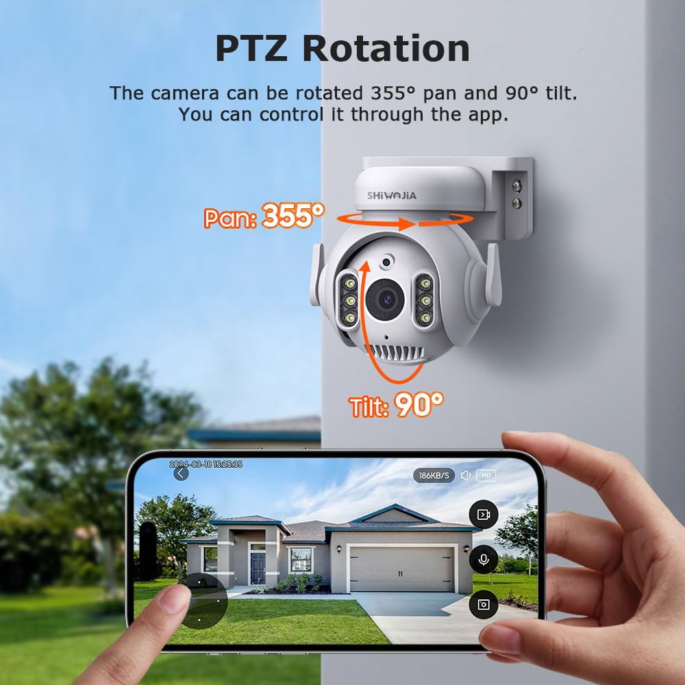 SHIWOJIA Cámara Vigilancia WiFi Exterior, 5MP 360° PTZ Tuya Smart Camara WiFi, 24/7 Grabación Continua, Seguimiento Automático, Detector de Movimiento, Visión Nocturna