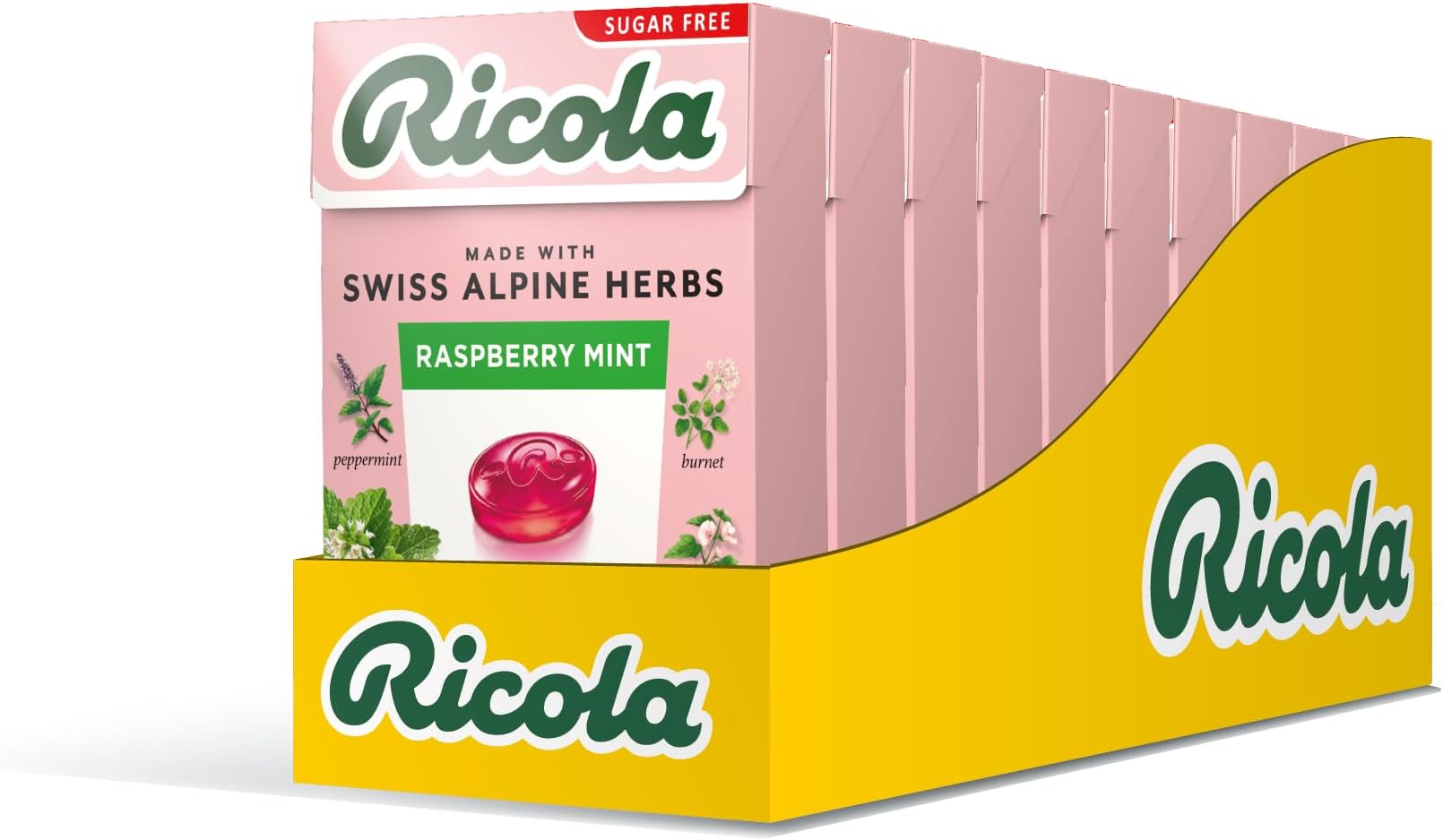 Raspberry Mint Sugar Free Swiss Herbal Sweets, Herb Drops, Sweet Box 45g - Pack of 10 Boxes