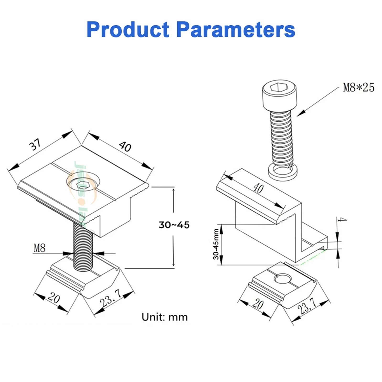 Morsetto for staffa fotovoltaica regolabile | Clip di fissaggio centrale e terminale for pannello solare adatta a pannelli da 30/35/40 mm(10PCS 45mm Mid Clamp)
