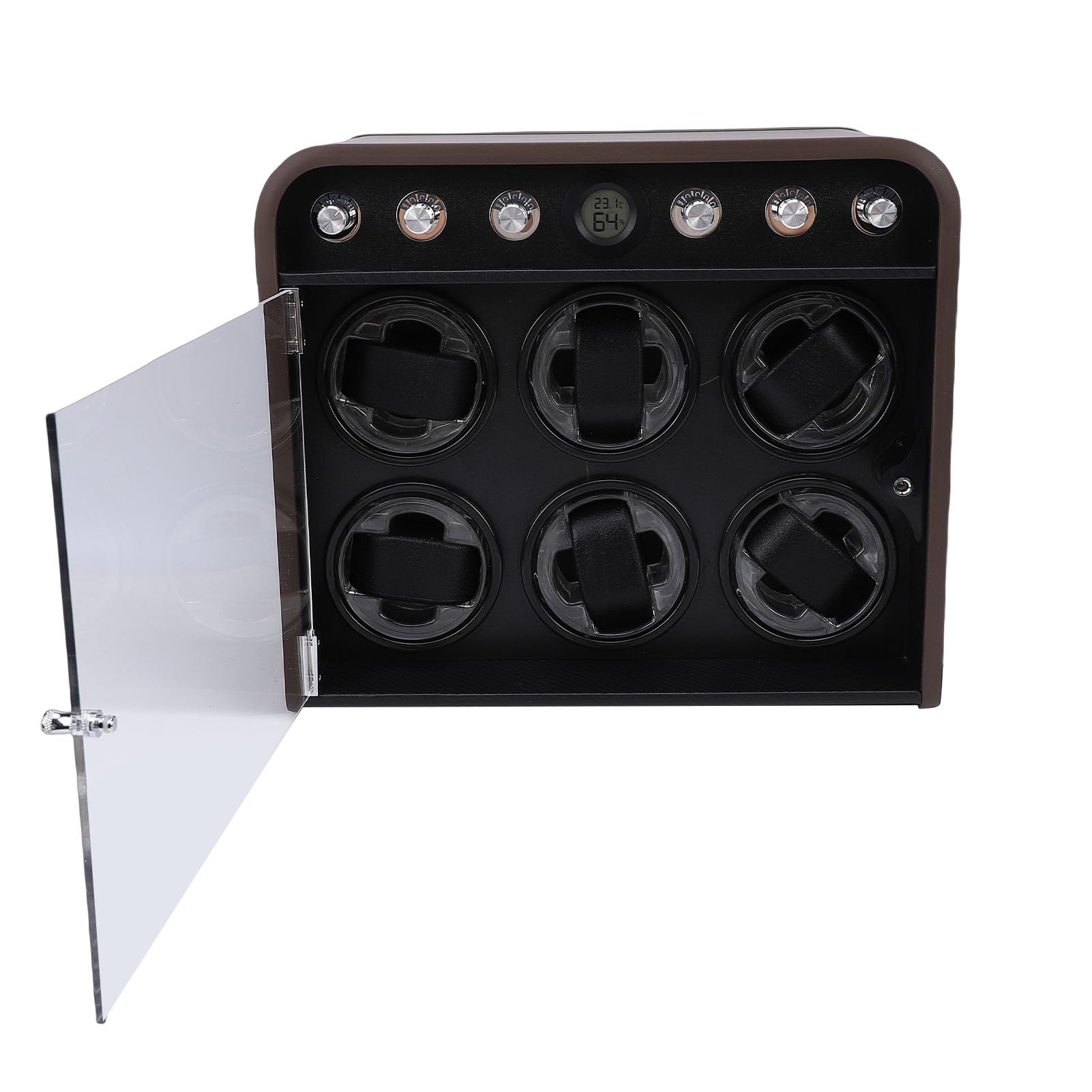 Sxhlseller Leiser Uhrenbeweger für 6 Uhren, 10 DB Leiser Automatischer Uhrenaufzug mit LED-Ambientelicht, 5 Einstellbare Modi, Uhrendreher aus Holzfaserplatte mit Holzmaserung für Mechanische Uhren