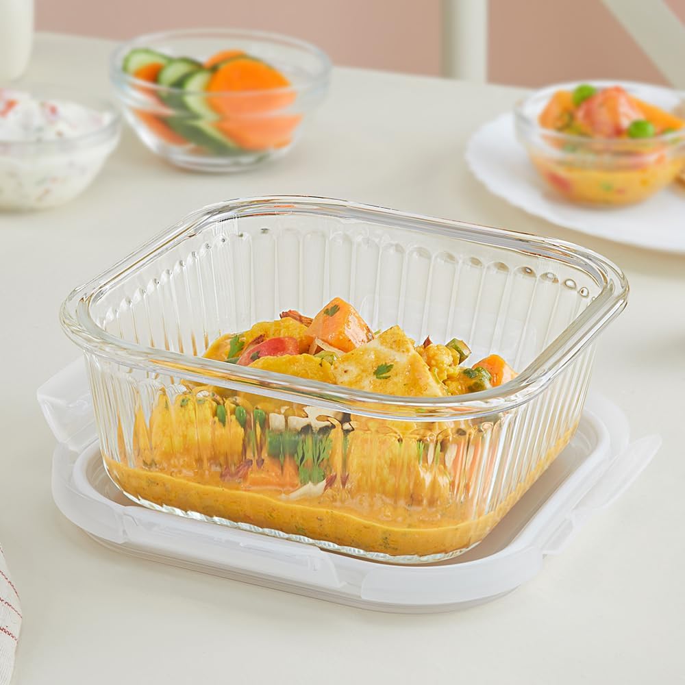 800 ml Fluted Klip N Store Square Food Storage Container with Air Tight Glass Lid | Borosilicate Glass Container for Lunchbox | Microwave & Dishwasher Safe | Transparent