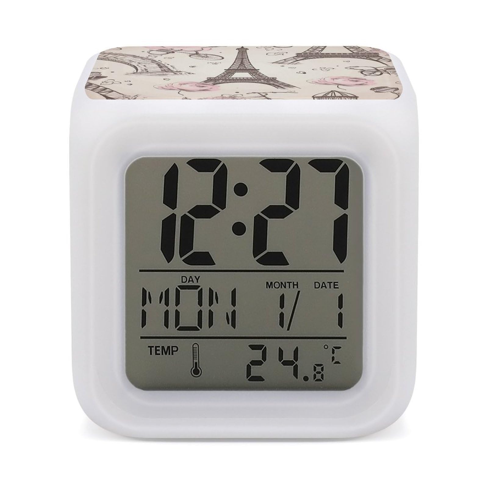 VstaDank The Eiffel Tower and A Bicycle Alarm Clock with 7 Color Changing Night Light Date Temp Display Wake Clocks LED Display Digital Clock Electric Desk Clocks for Living Office Bedroom Decor