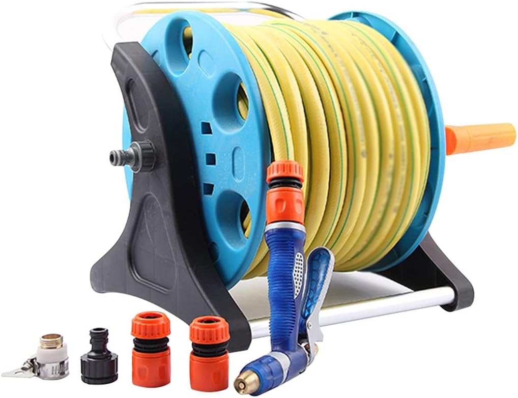 Garden Hose Reel Cart Portable Thickened ABS Hose Caddy Household Car Wash to Clean Garden Hose Holder Gardening Irrigation Storage Tool (Color : Blue Size : Hose Reel) (Blue +DN15 15m Yellow Pipe)
