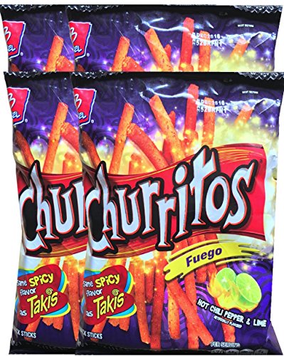 Barcel Churritos Chilli Pepper & Lime Corn Snack Sticks Net Wt. 4 Oz Baggies Snack Care Package for College, Military, Sports (Fuego Hot Chilli Pepper & Lime, 4)